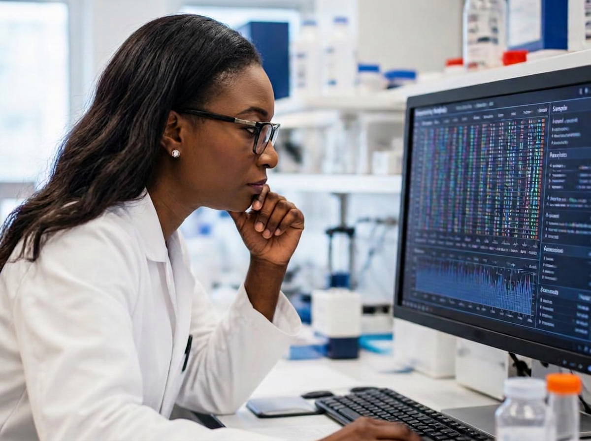Dr. Tomi Akinyemiju reviewing genomic data in the laboratory